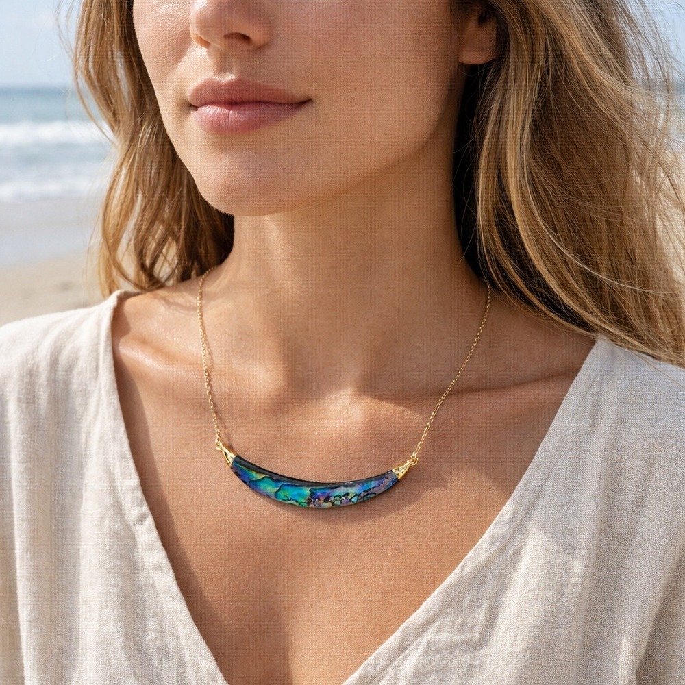 Iridescent Abalone Shell Curved Bar Necklace Gold Tone Chain‎ Ocean Inspired